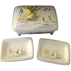 Vintage Ceramic Ashtray and Cigarette Holder Set Mallard Duck Trinket Dishes